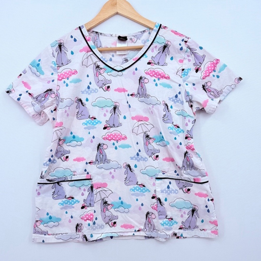 Disney Eeyore Scrub Top Women Large White Rain Cloud Cartoon Nurse Medical Care